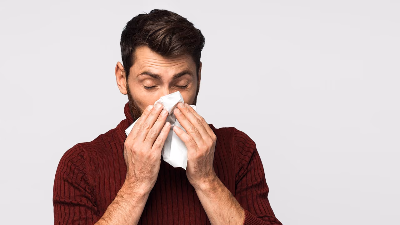 Man in Red Sweater with Chronic Post-Nasal Drip Blowing his Nose