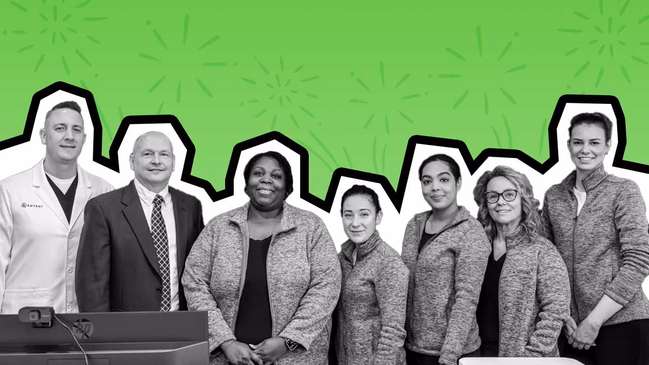 ADVENT Dublin Staff Smiling on Green Background with Doodle Elements - 1280x720
