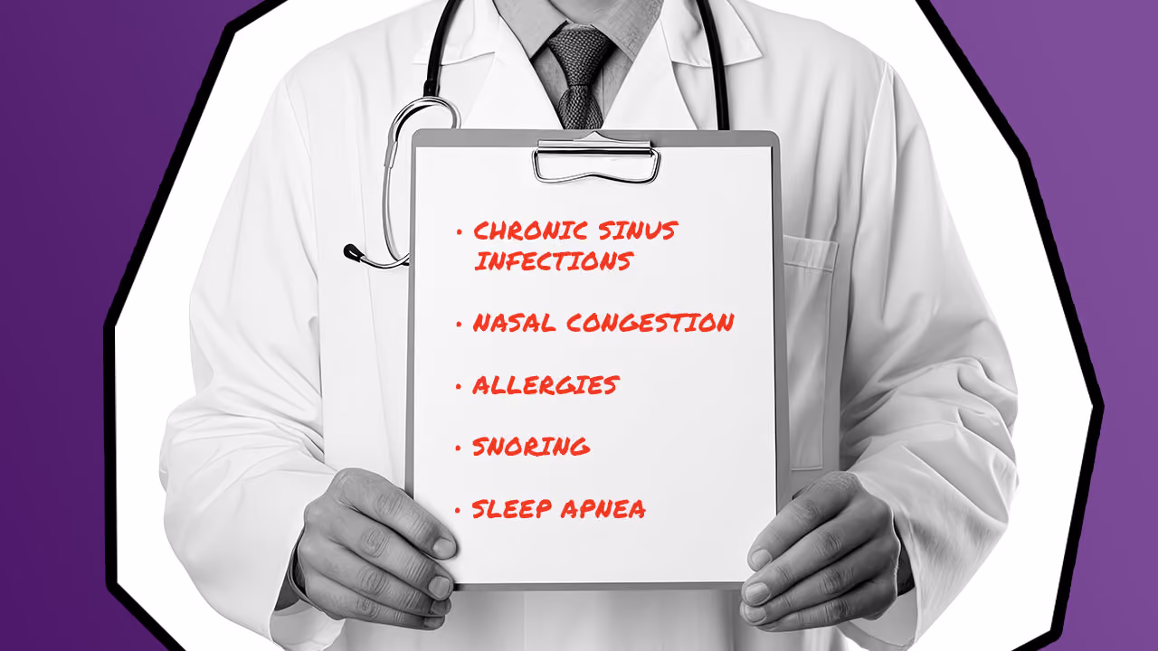 An ADVENT ENT holds a sign with a list of sleep and sinus issues we treat