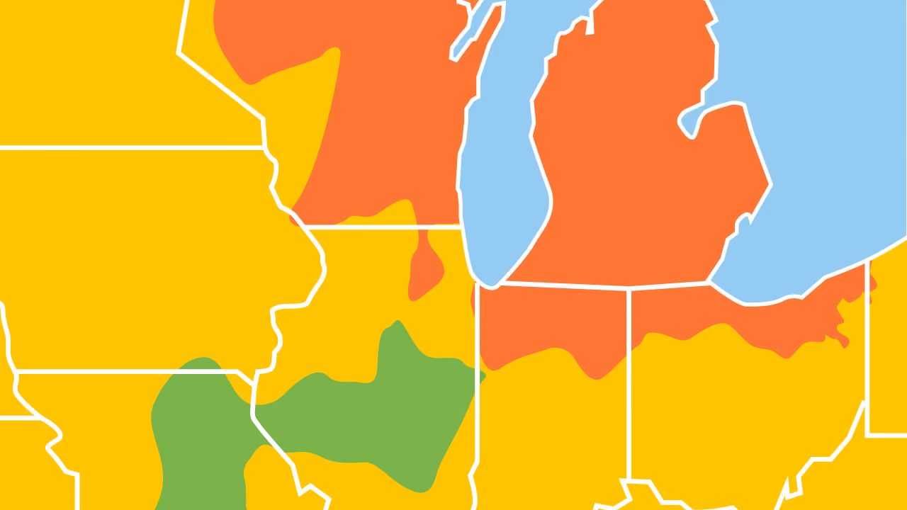 Air quality map, representing poor air quality in Illinois in August 2025