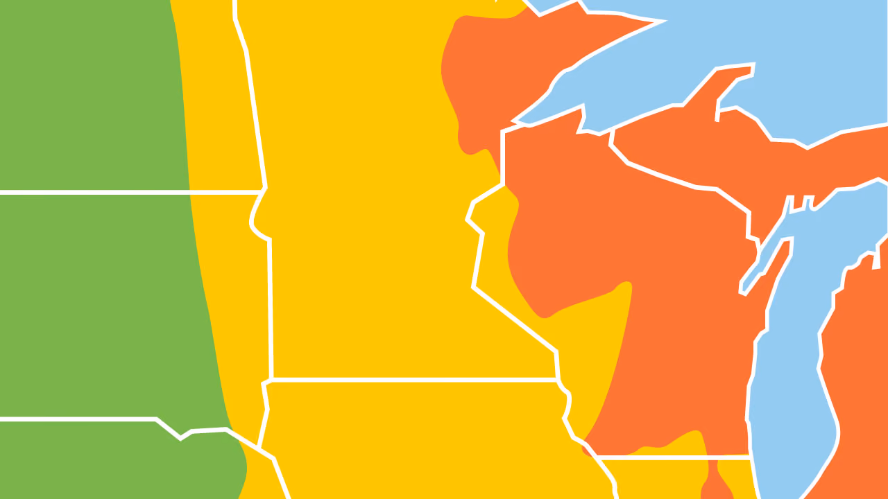 Air quality index map, representing poor air quality in Minnesota in August 2025