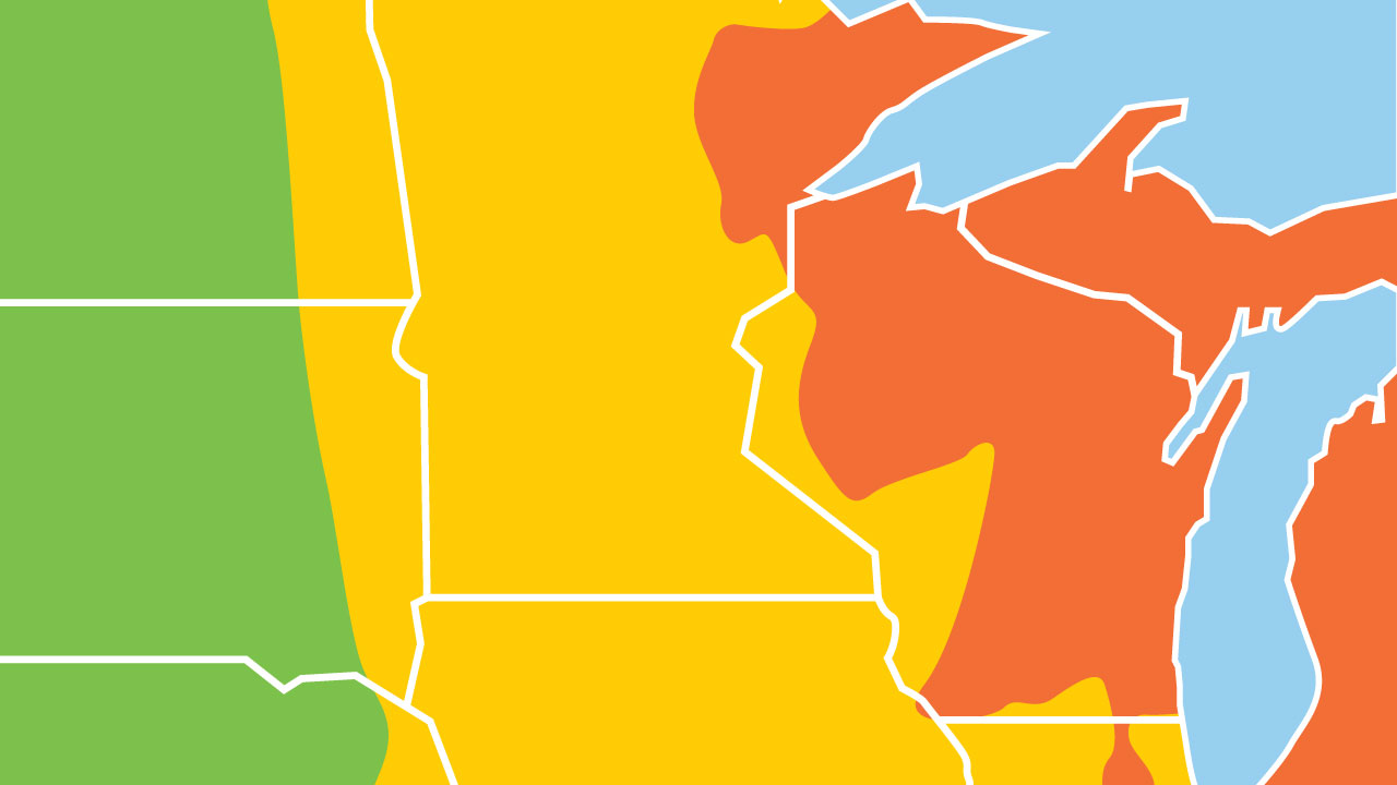Air quality index map, representing poor air quality in Minnesota in August 2025