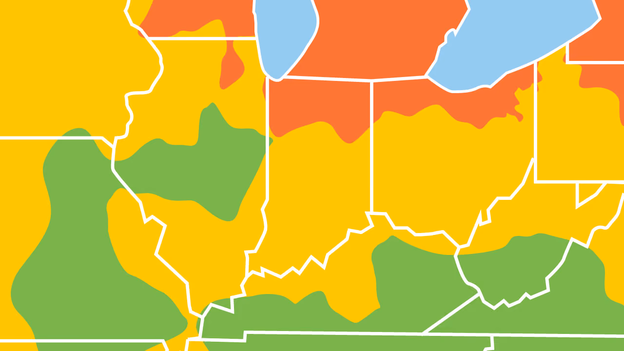Air quality index map, representing poor air quality in Indiana in August 2025