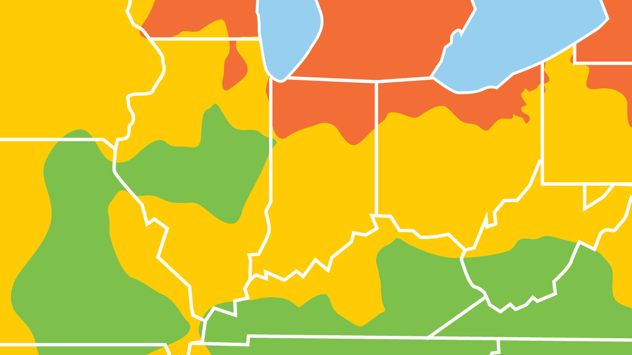 Air quality index map, representing poor air quality in Indiana in August 2025