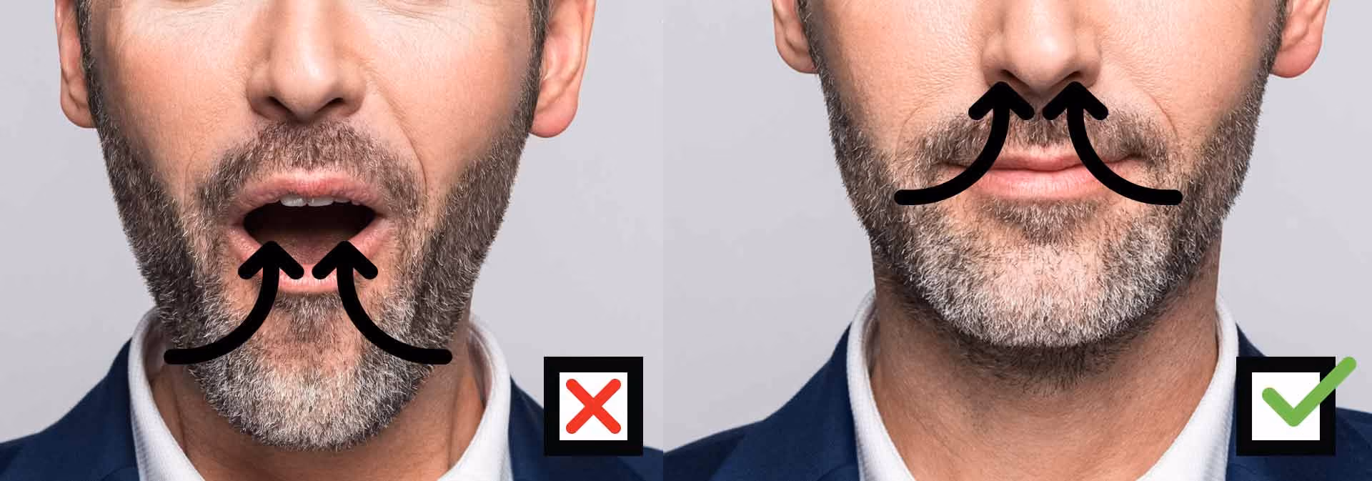 Middle Aged Man Incorrectly Breathing Through Mouth Compared to Man Breathing Correctly Through his Nose-1920x673