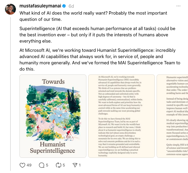 Mustafa Suleyman's post on threads sharing Microsoft's Humanist Superintelligence post