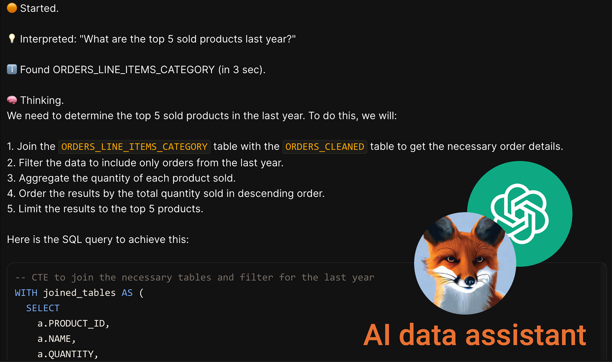 Example of some reasoning steps from Dot, LLM data and analytics assistant