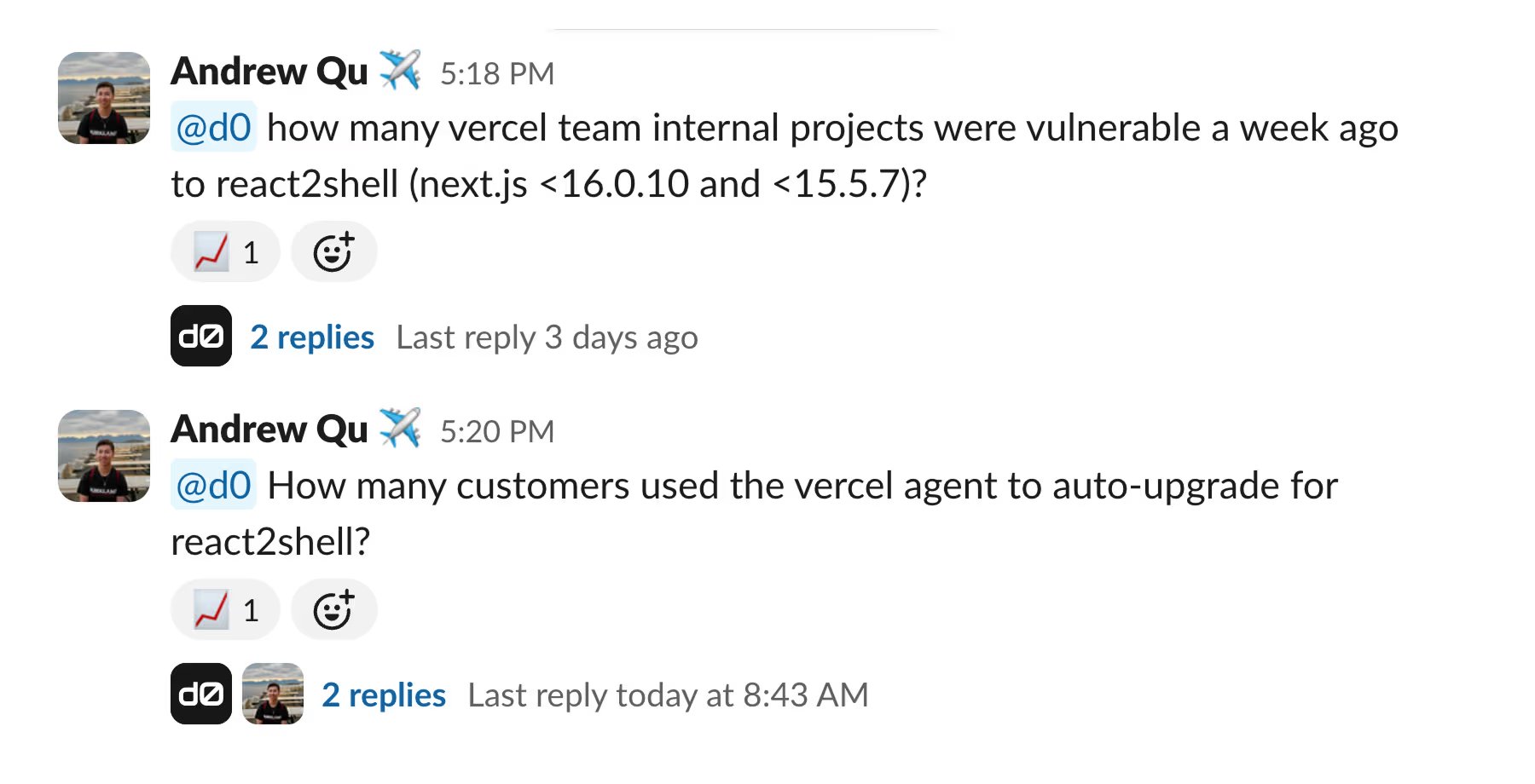 Vercel team members asking d0 questions in Slack