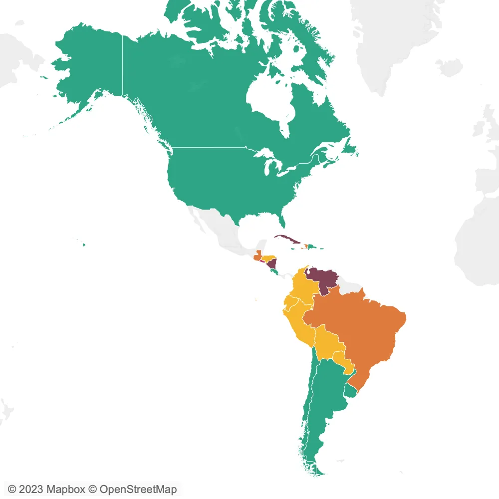 A map of the Americas with different colour indicating freedom of expression scores.