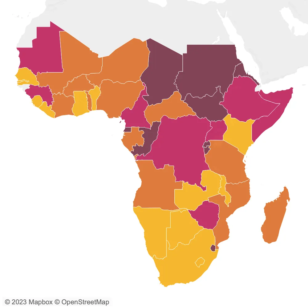 A map of Sub-Saharan Africa with different colour indicating freedom of expression scores.