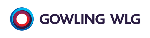 Gowling WLG logotype with circular logo left in red, purple, blue and light blue