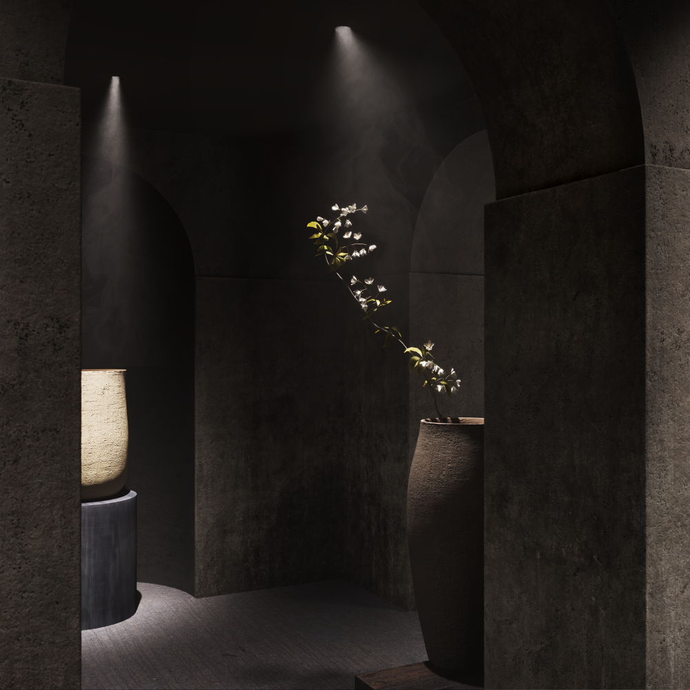 Architectural rendering of the Domani Atrium, featuring arched corridors, earthy handcrafted pieces, and a calm, meditative lighting setup.