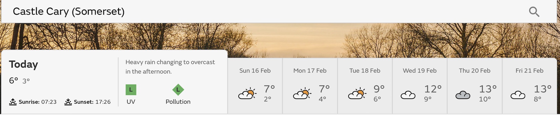 Weather forecast for Castle Cary Somerset, screenshot 7am 15th February