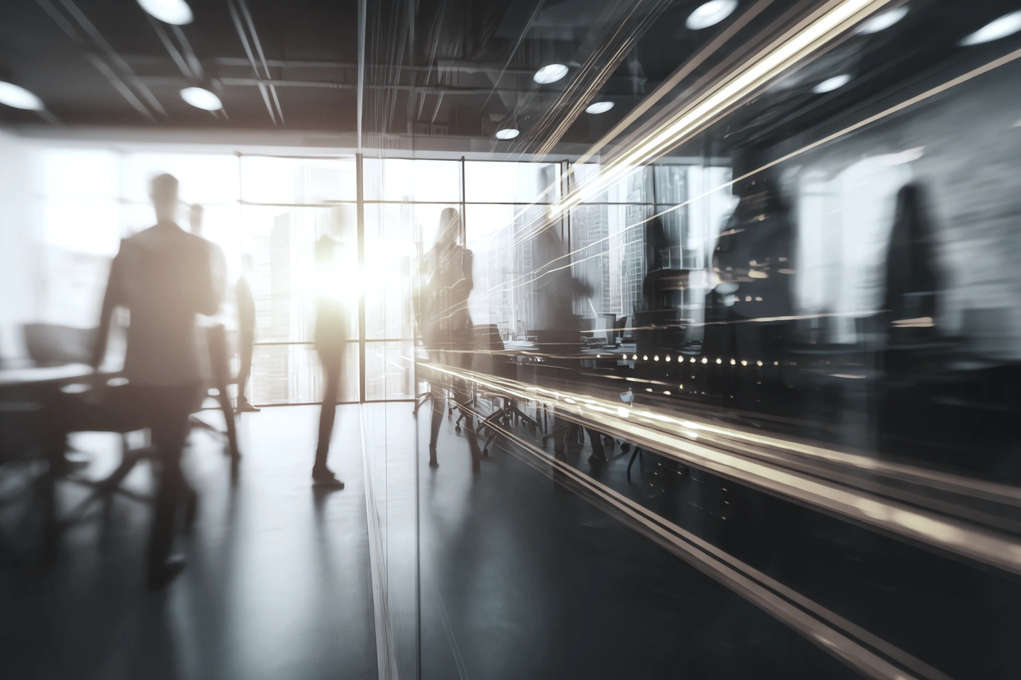 Business professionals in motion through a modern office corridor with dramatic light streaks.