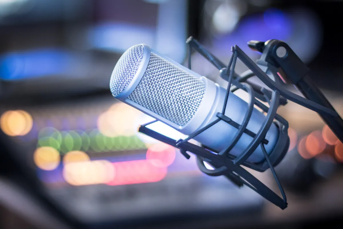A studio microphone set up for an on-air interview