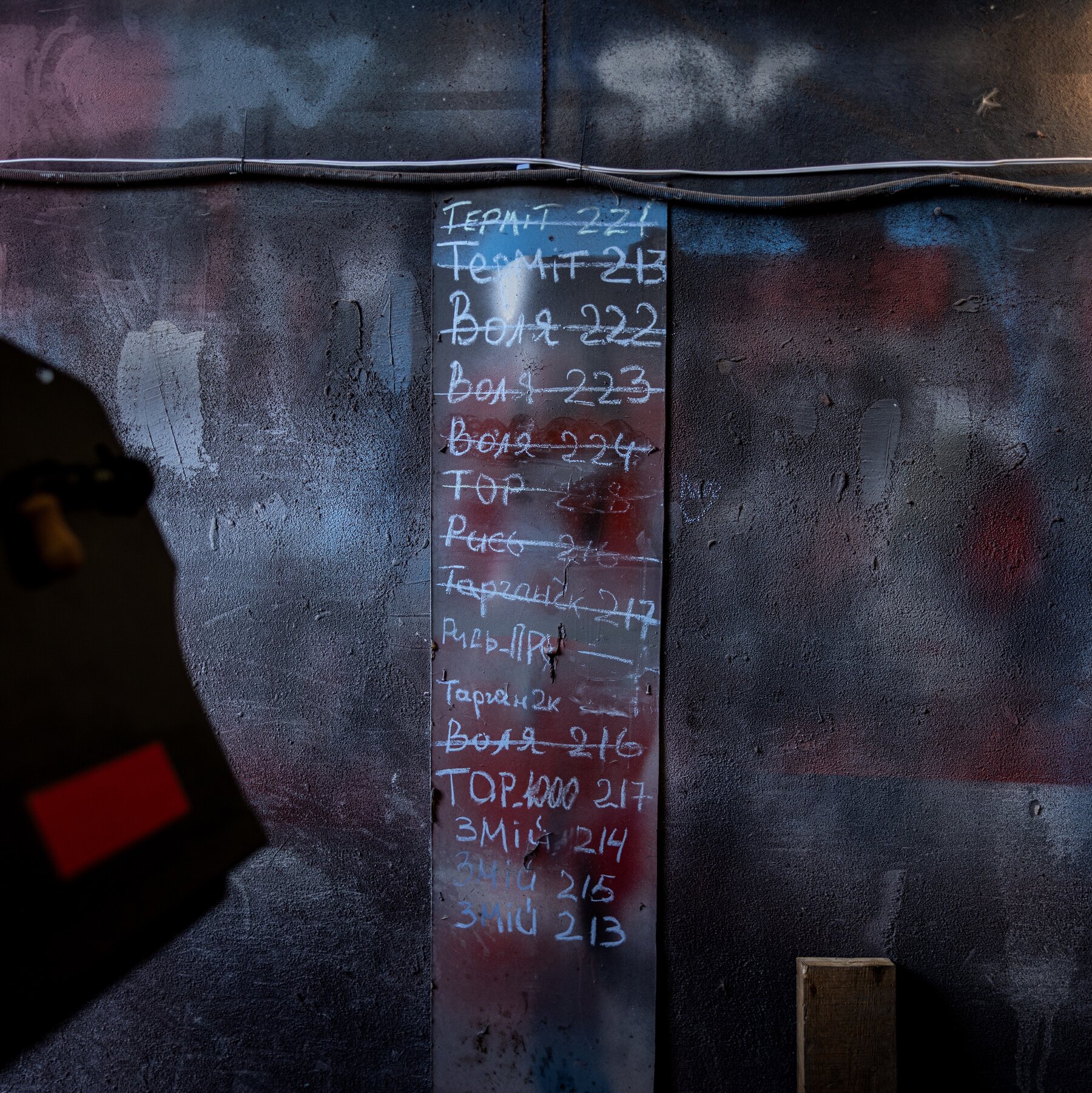 Close-up of a handwritten list of drone call signs, many crossed out, written in chalk on a grimy cement wall.