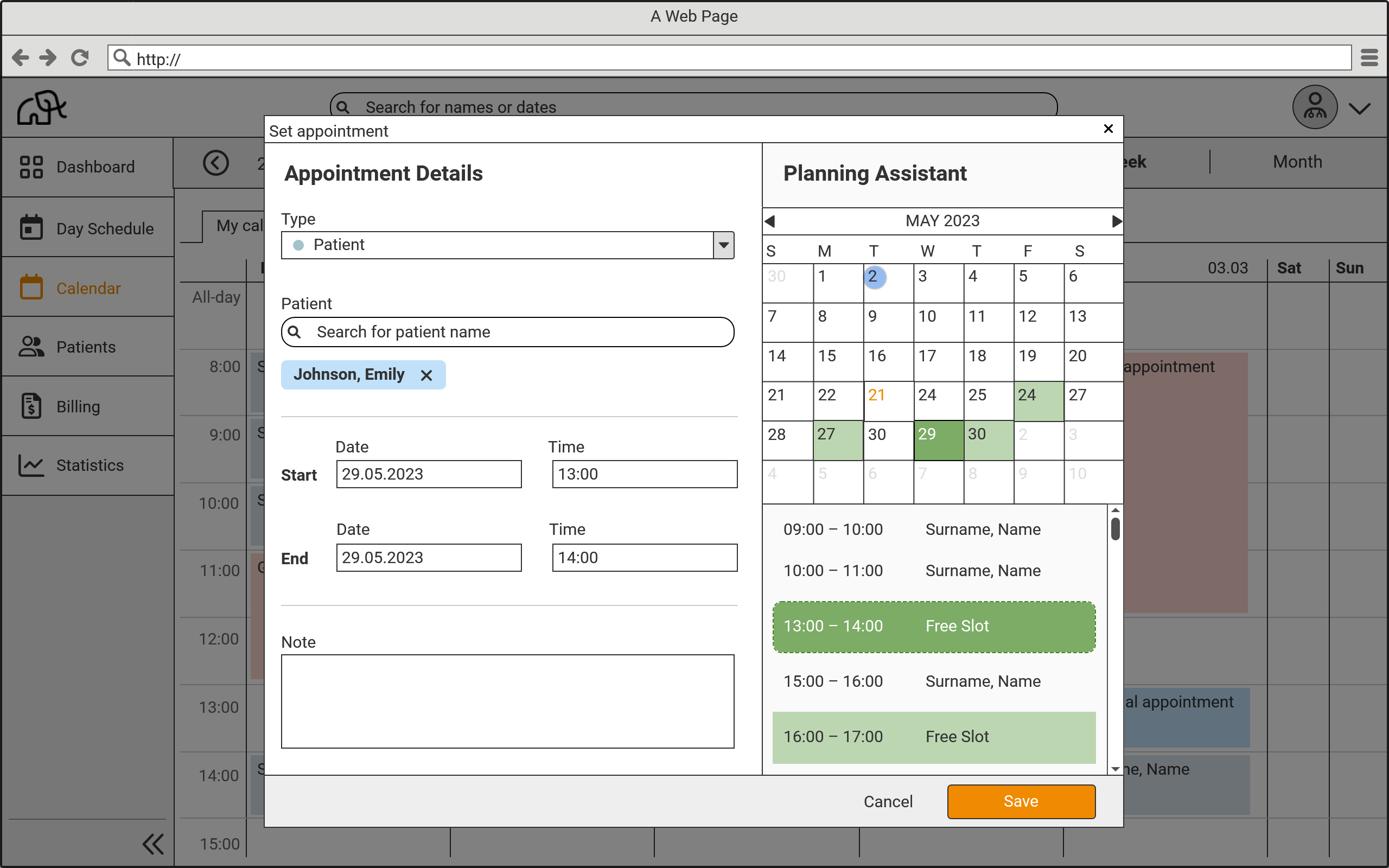 Wireframe für den Termindialog der sich als Overlay über dem Kalender öffnet