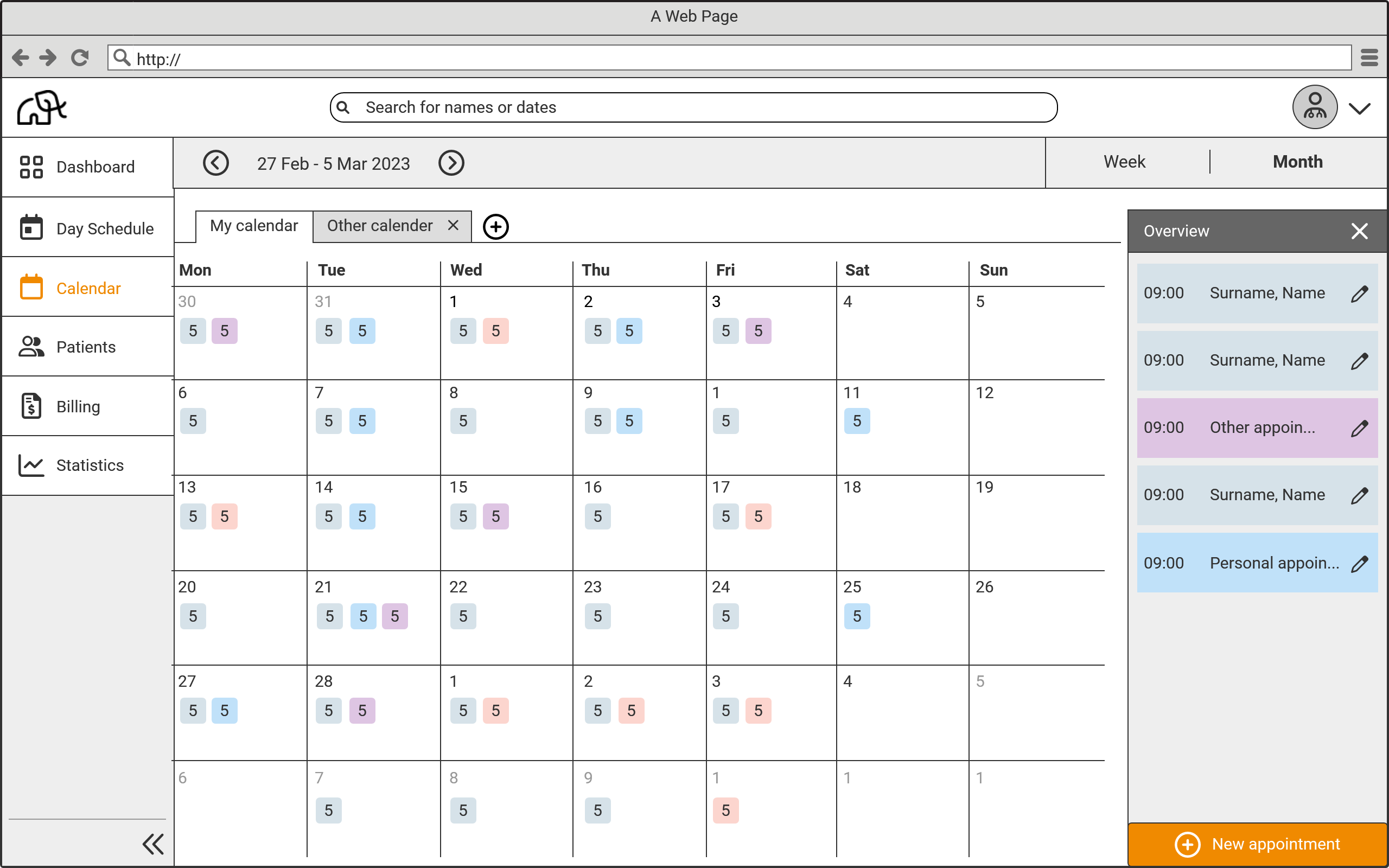 Wireframe für die Wochenansicht des Kalender mit offener Seitenleiste, die Zusatzinformationen zum Termin enthält