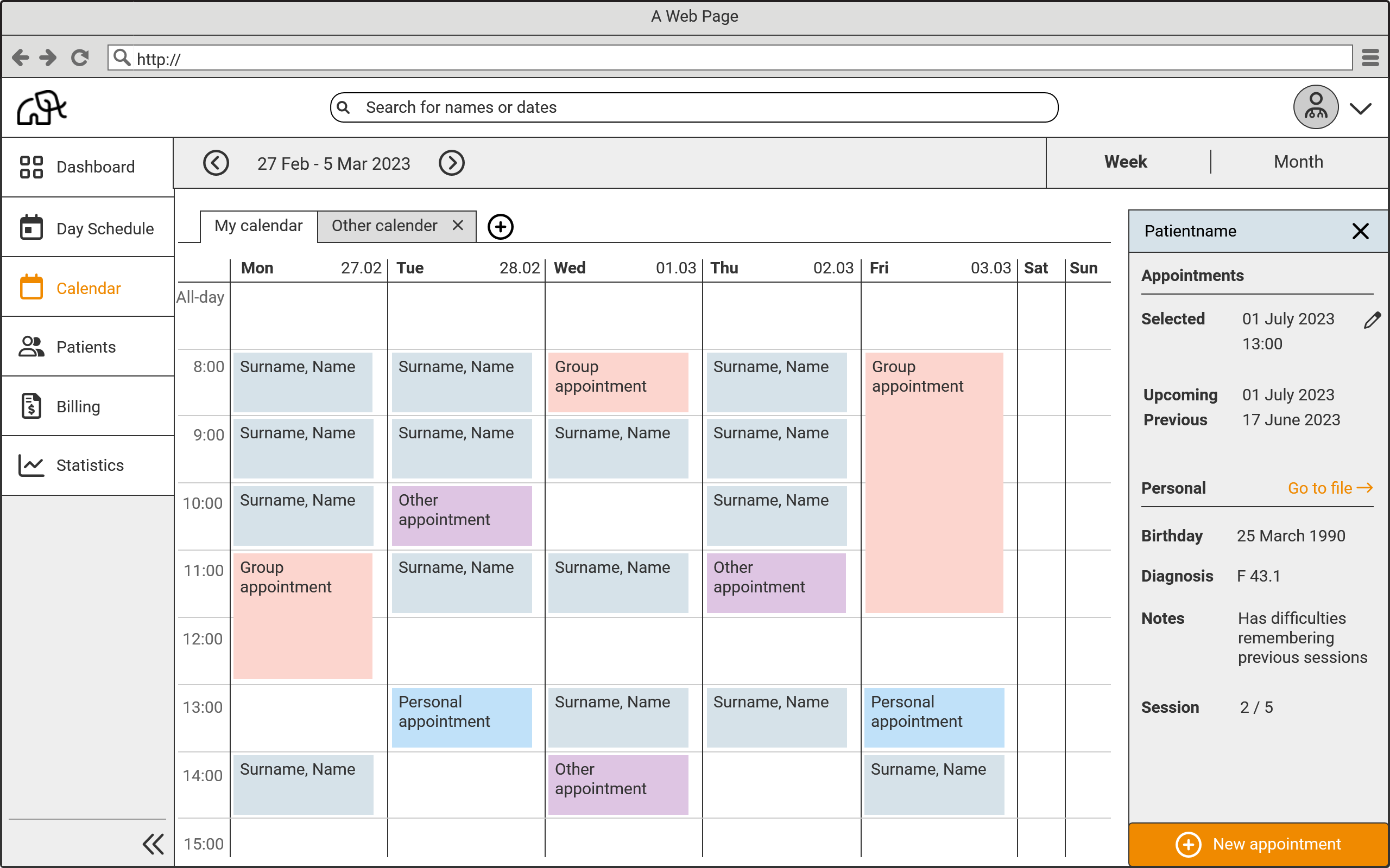 Wireframe für die Wochenansicht des Kalender mit offener Seitenleiste, die Zusatzinformationen zum Termin enthält