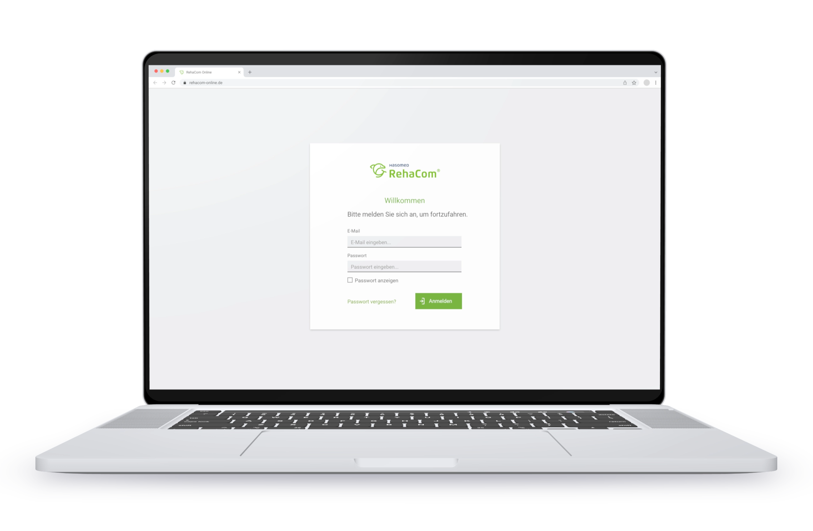 Mockup der Login-Seite für RehaCom Online auf Desktop
