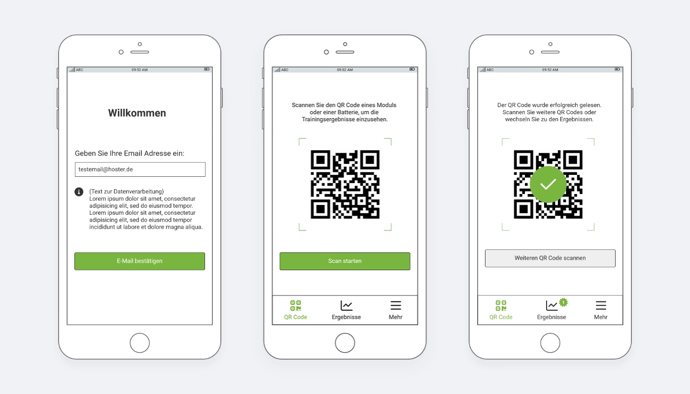 Registrierung und QR Code Scan Wireframes für RehaComLink