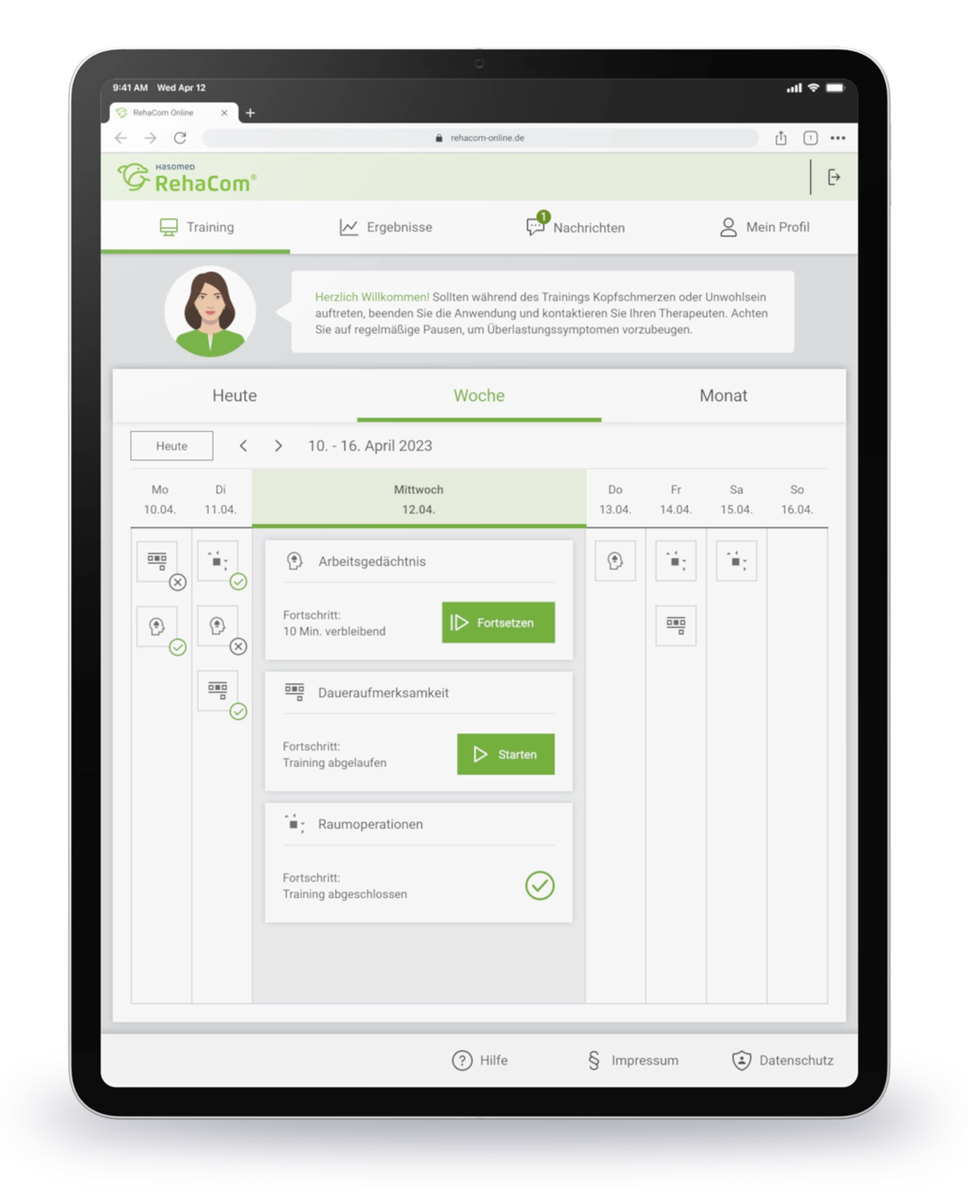 Tabletansicht für RehaCom Online