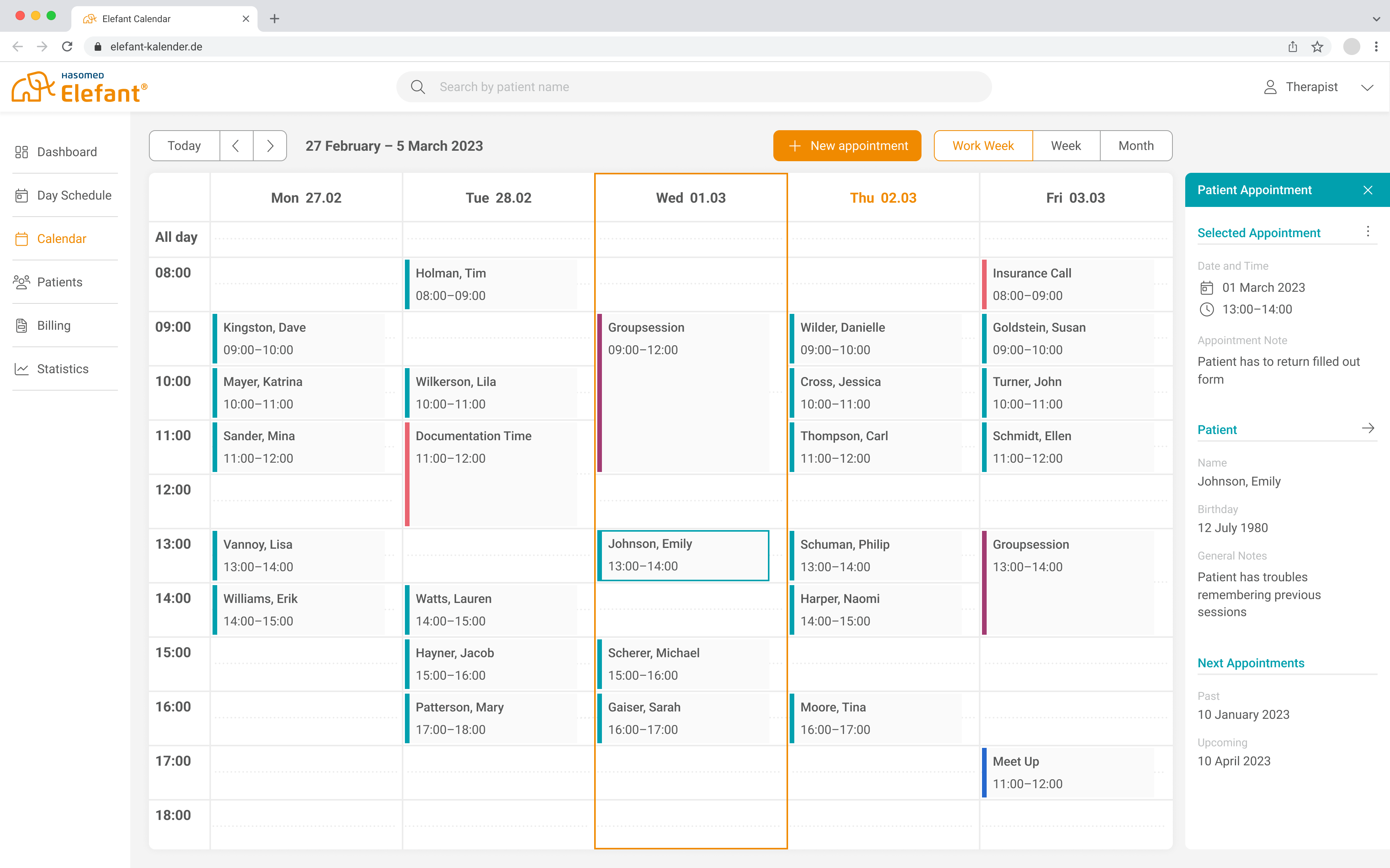 UI Design der Wochenansicht im Elefant Kalender