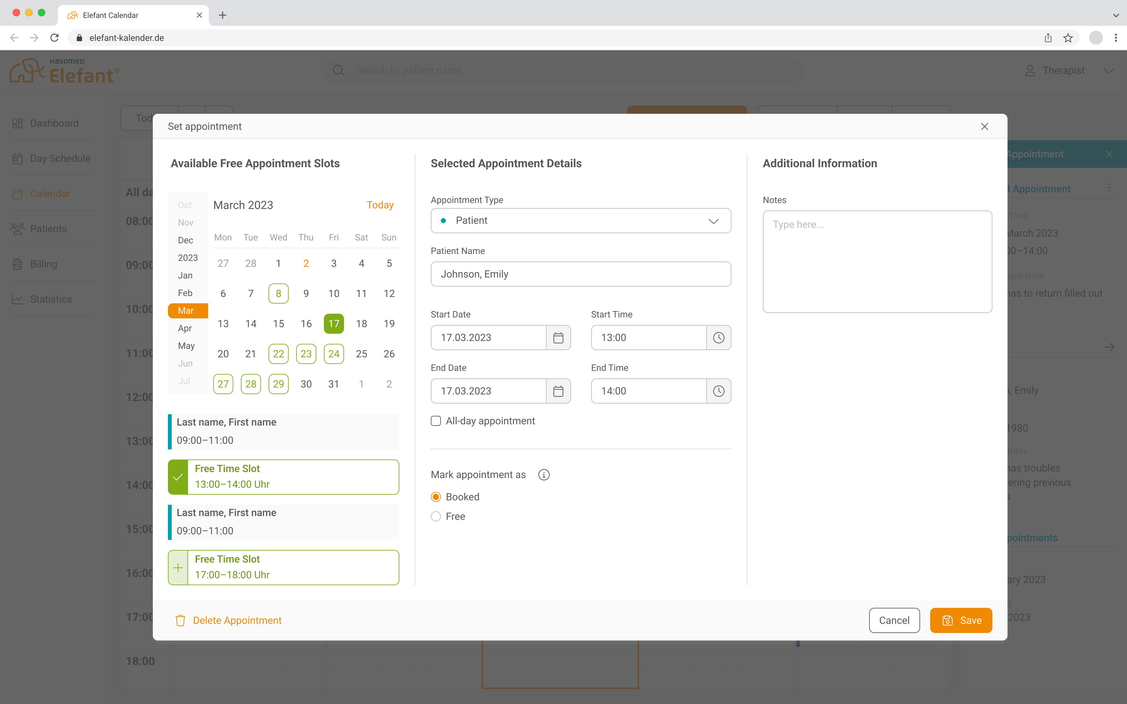 UI Design des Termindialogs im Elefant Kalender
