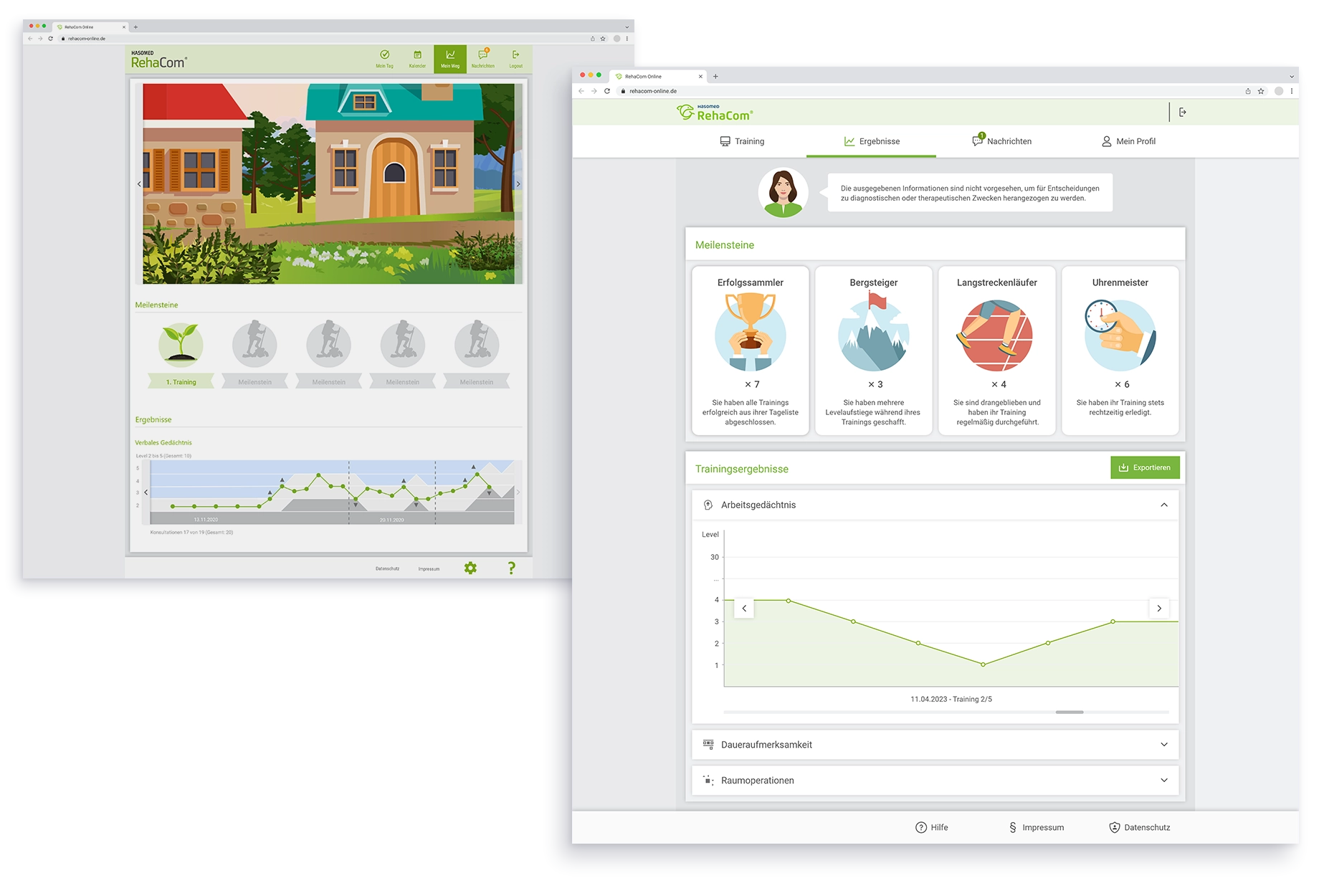 Side-by-side comparison of RehaCom training software showing progress milestones with icons and graphs tracking memory and attention training results.