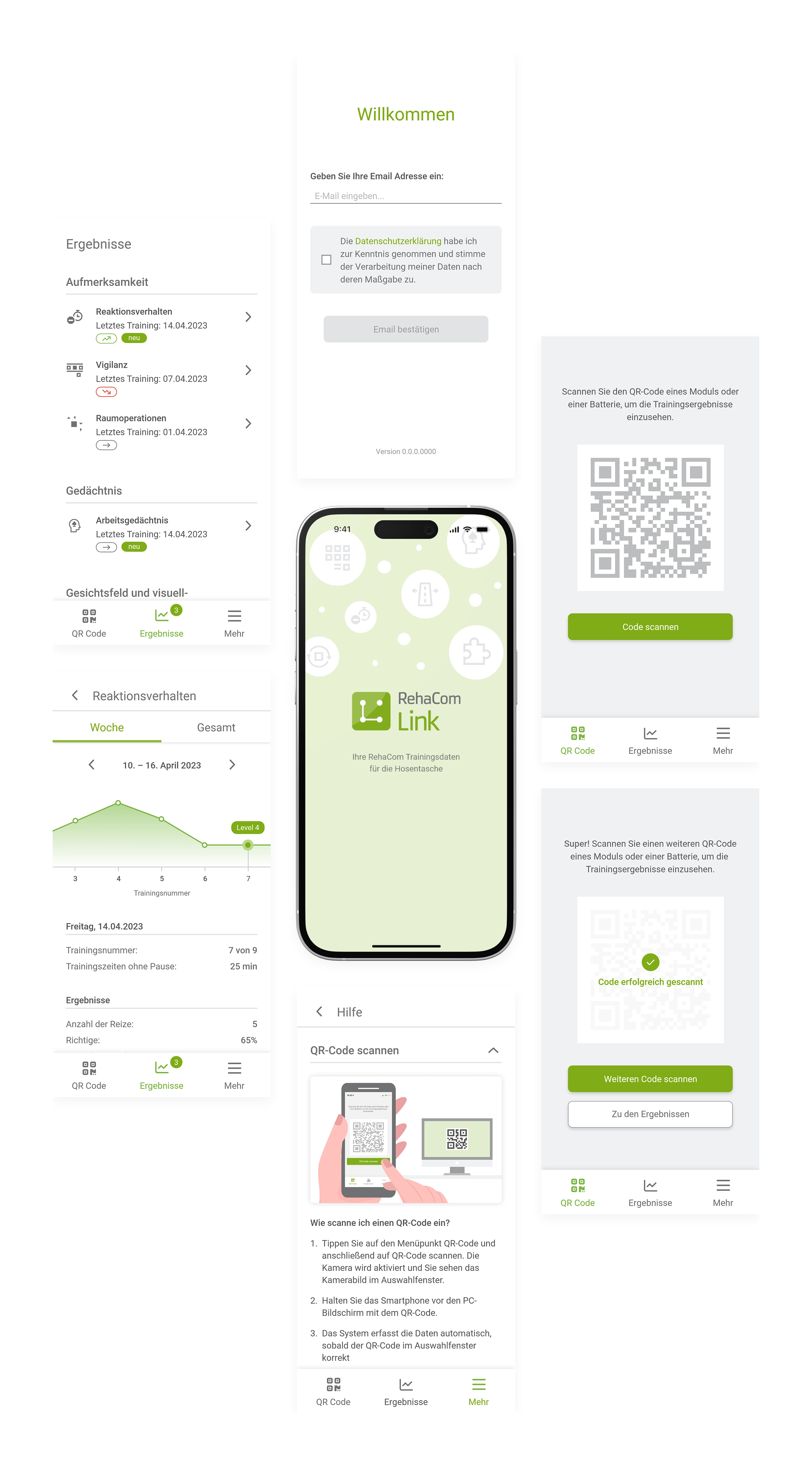 Screenshots of a German RehaCom Link mobile app showing login, scan QR code instructions, scan success message, training results graphs and overiew over the saved training sessions.