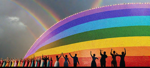 Brightly painted rainbow with silhouettes of people dancing in front of it.