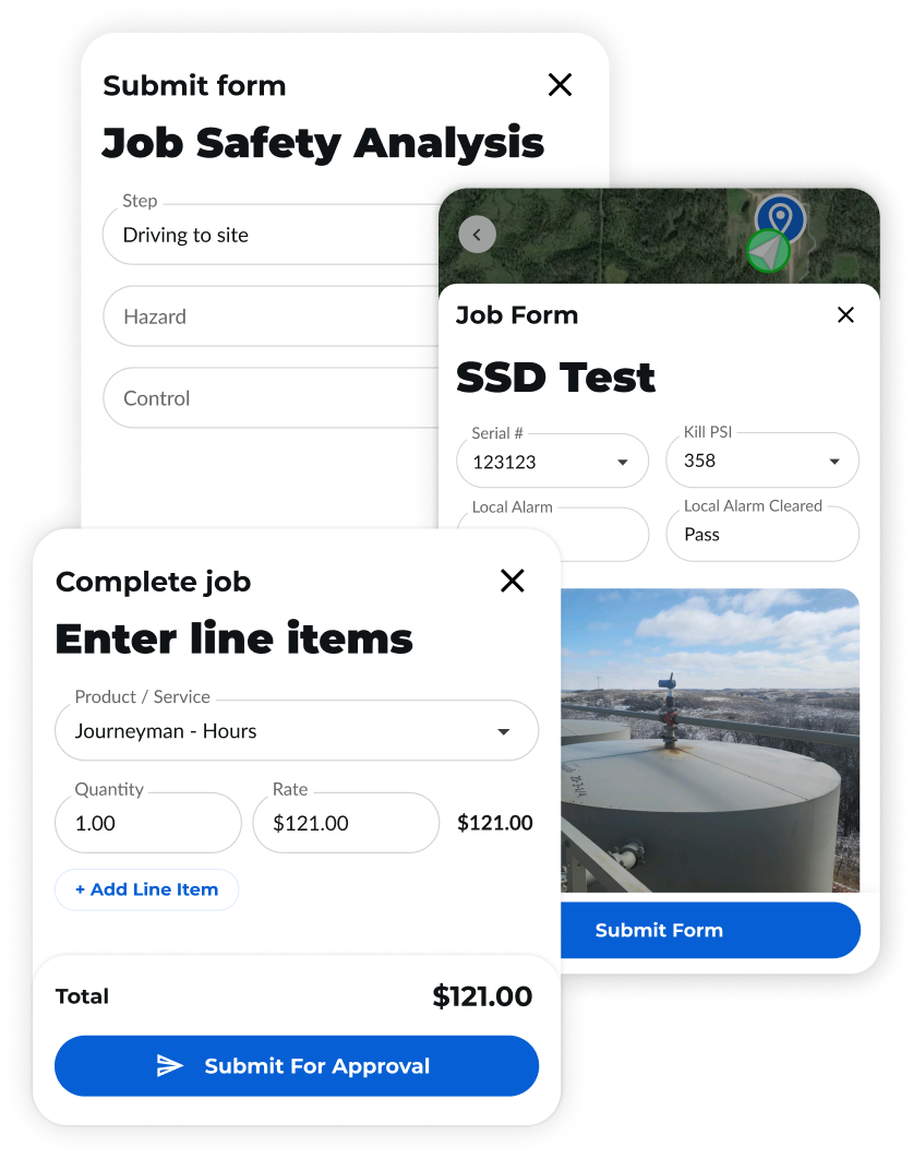 The documentation interface showing digital job forms, entering product and service line items