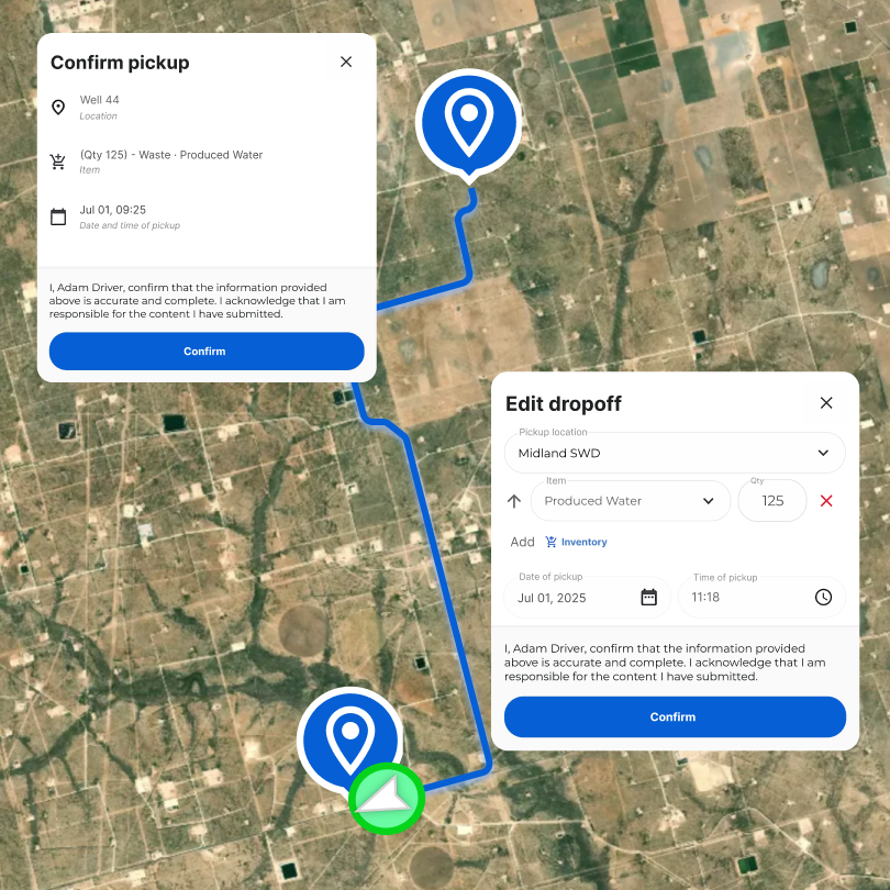 A visual showing how a transporter of oil and gas waste can confirm pickup and delivery of the waste - an important part of the RRC Chapter 4 waste manifesting requirements