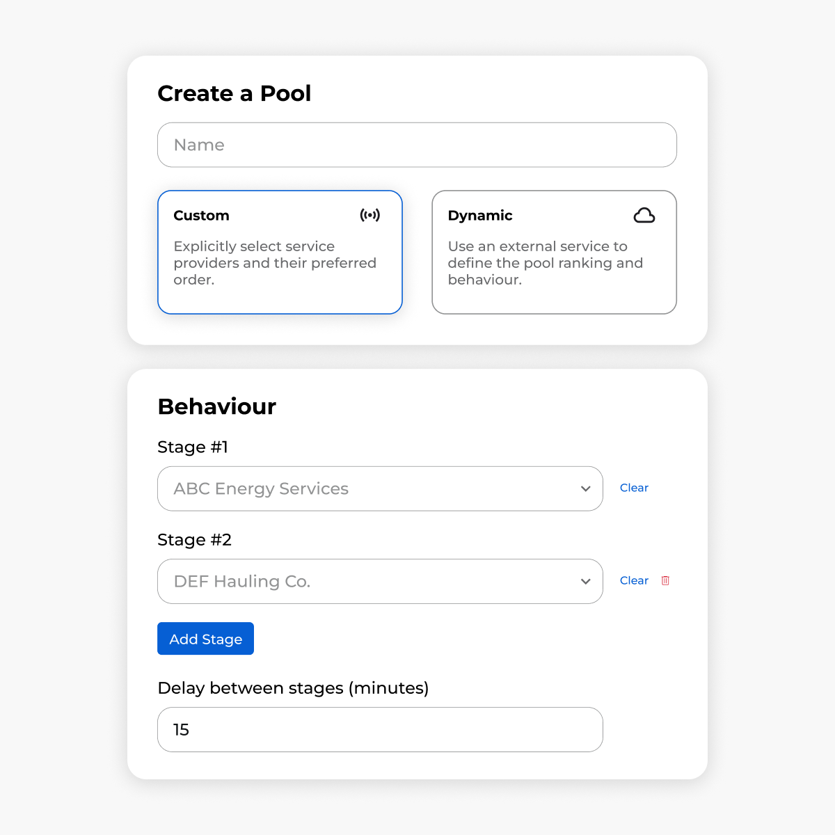 Creating a Pool, the image shows that a custom or dynamic pool can be created and shows the different stages that can be added.