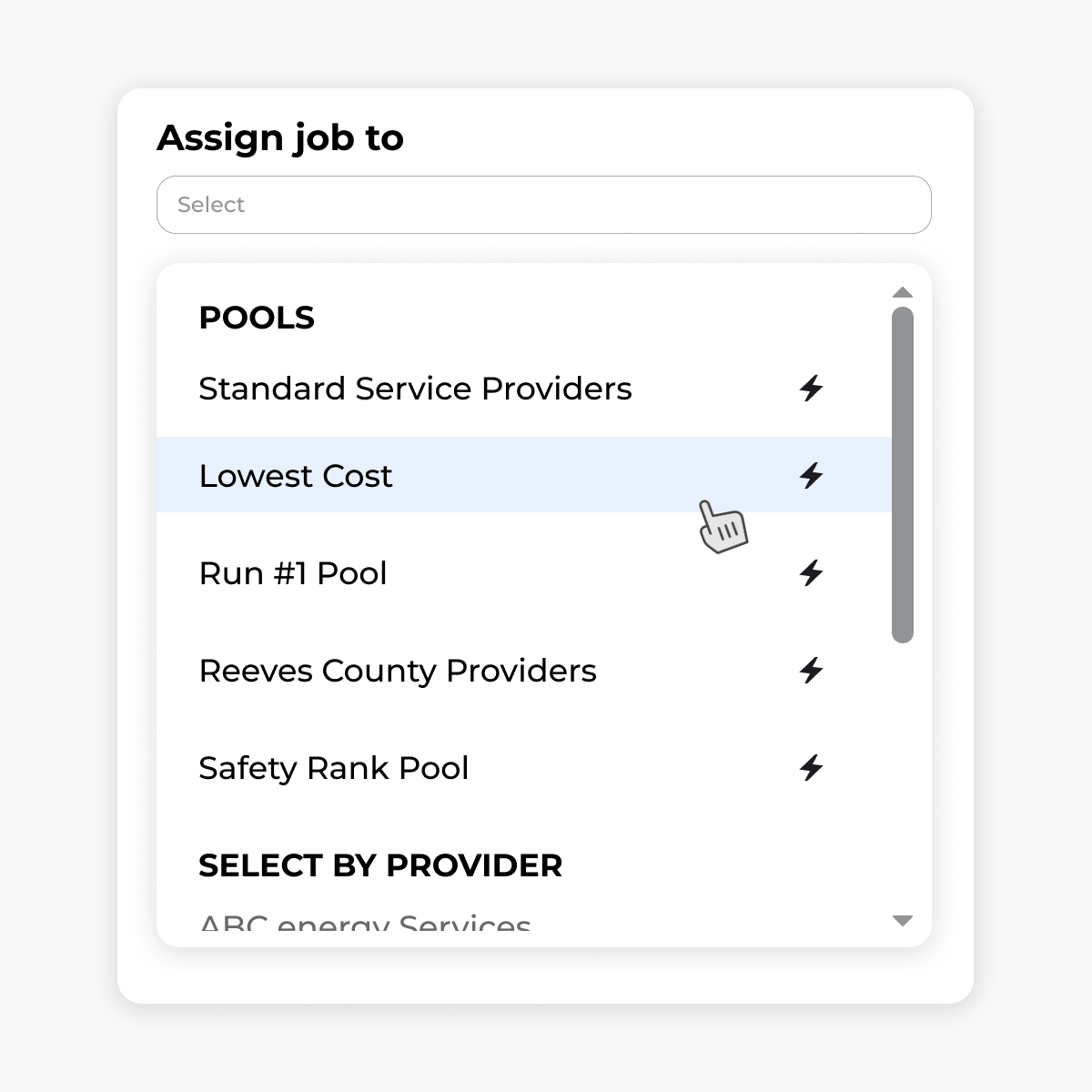 An image showing a pool being selected for a job assignment; standard pool, lowest cost, a pool for a run, a pool by county.