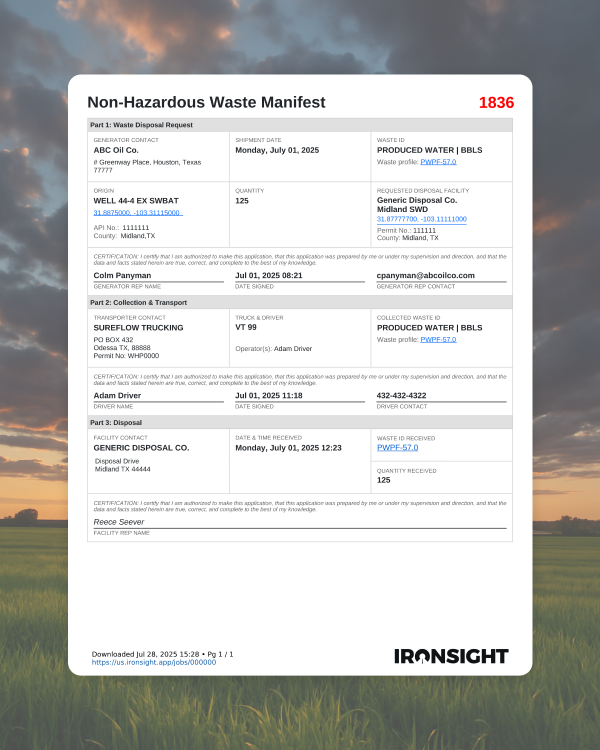 A three party completed waste manifest compliant with the Texas Railroad Commission 