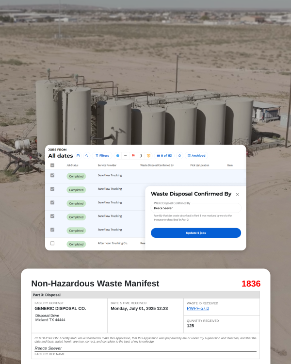 Salt Water Disposal Facility Rep digitally receiving waste loads to ensure RRC compliance 
