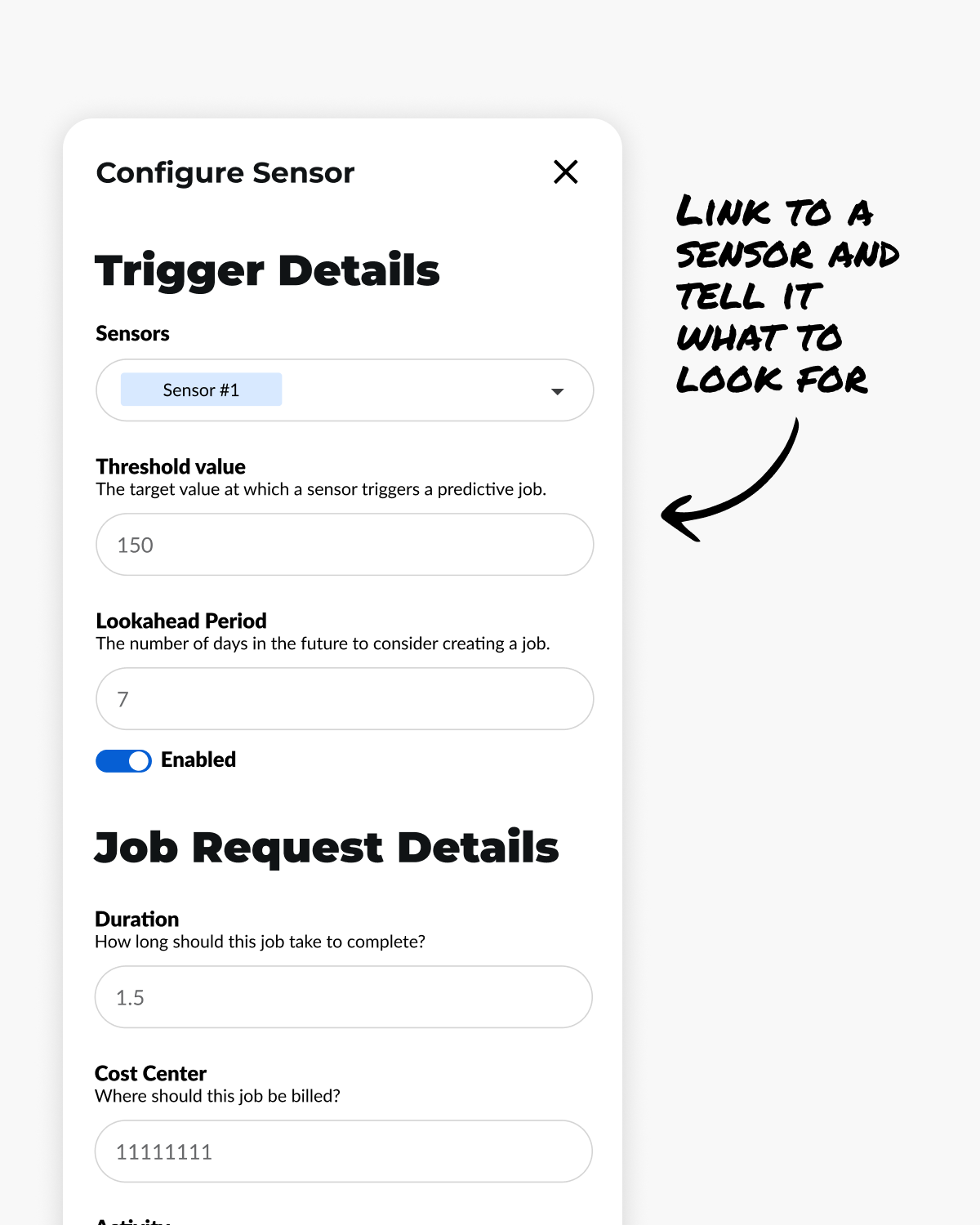 IronSight configuration panel linking SCADA sensor to thresholds and predictive job triggers