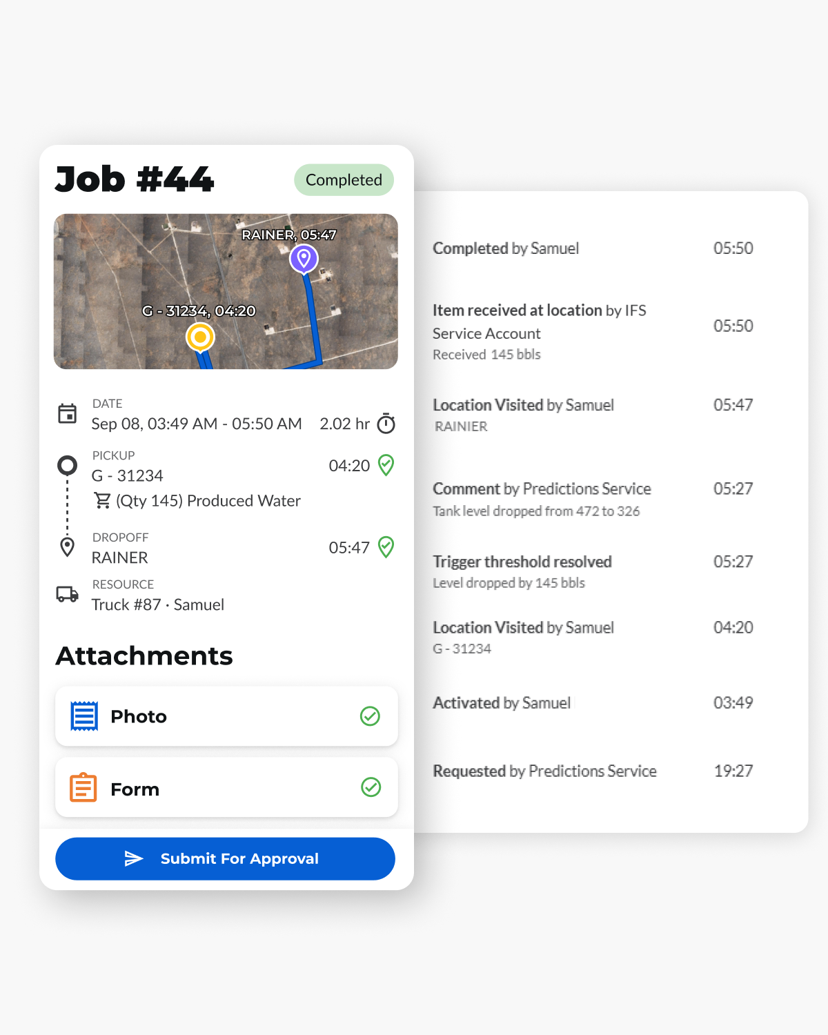 IronSight job ticket showing completed SCADA-triggered haul with timestamps, volumes, and digital attachments