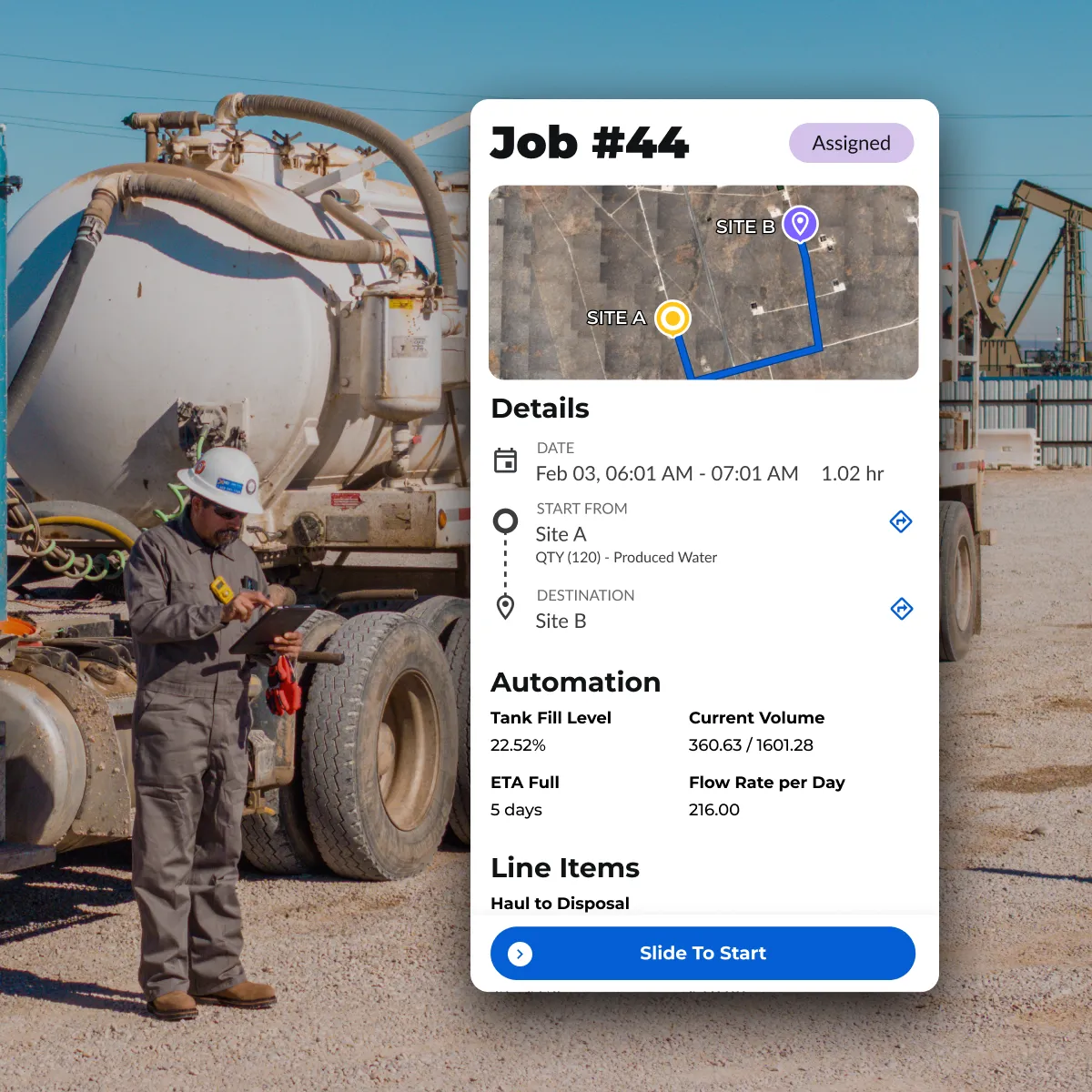 Oilfield worker and truck reviewing an automatically created job with SCADA information available for dispatch and the driver.