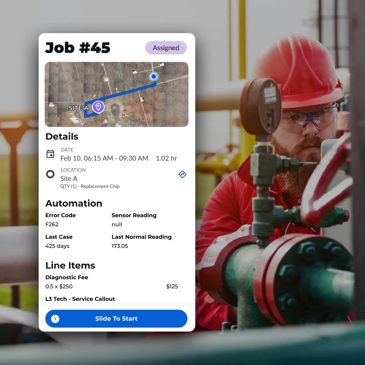Oilfield technician receiving SCADA-driven maintenance job with error codes and automation details in IronSight