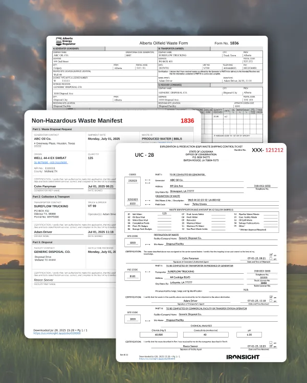 Multiple manifest types are shown. RRC for Texas, AER for Alberta, and UIC-28 for Louisiana. 