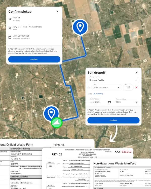 A pickup confirmation and a drop off confirmation are used to complete and verify the transporter requirements for a waste manifest.