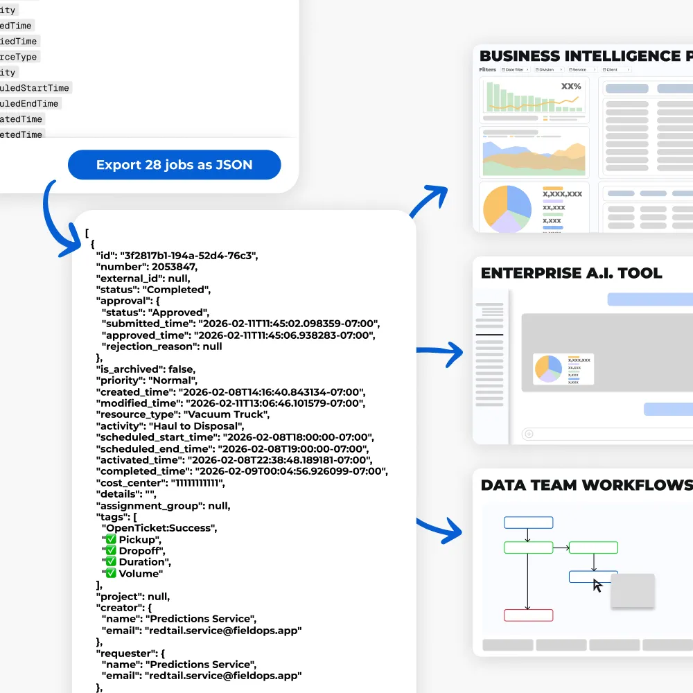 Image showing JSON export from IronSight being used as input for various systems/tools like Business Intelligence, AI tools, or Data Team workflows