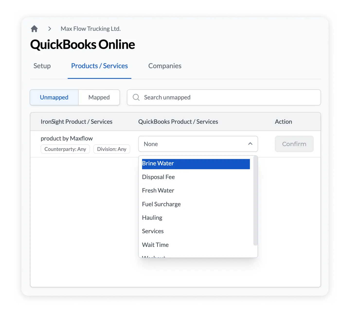 Visual showing Mapping IronSight Line items to QuickBooks Products and Services