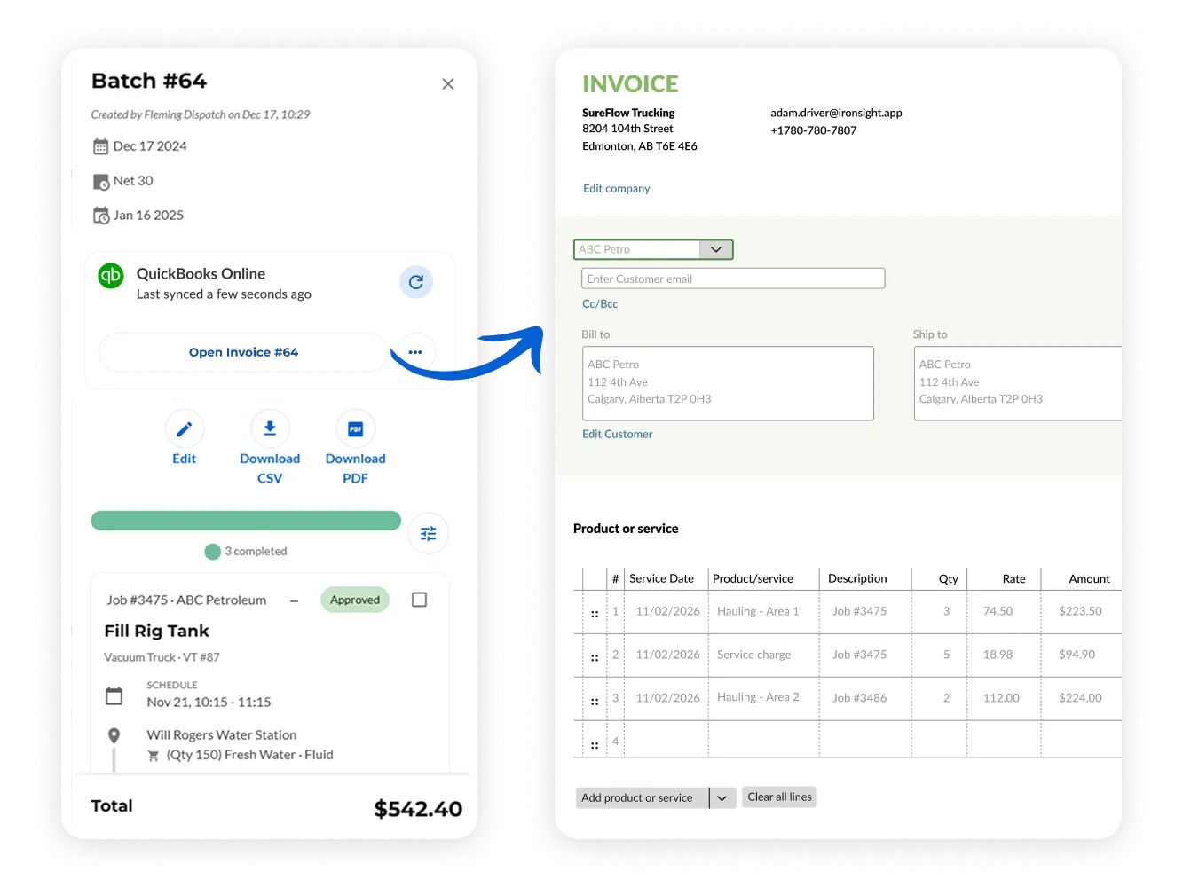 Image showing a batch of IronSight jobs being sync'd with QuickBooks Online to create and invoice in minutes