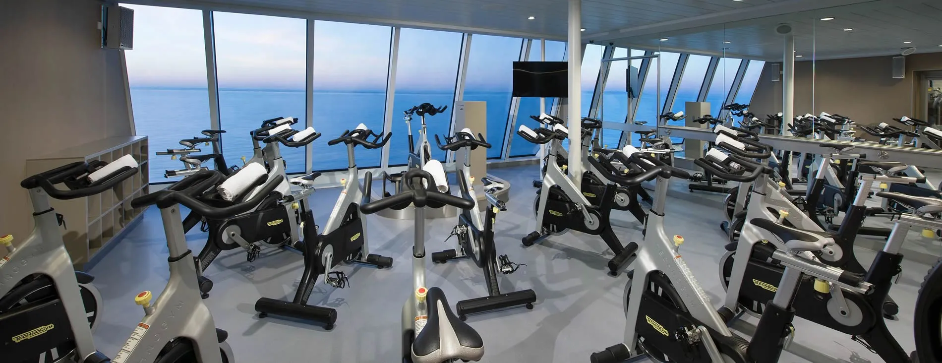 Cruise ship gym with stationary bikes overlooking blue ocean horizon
