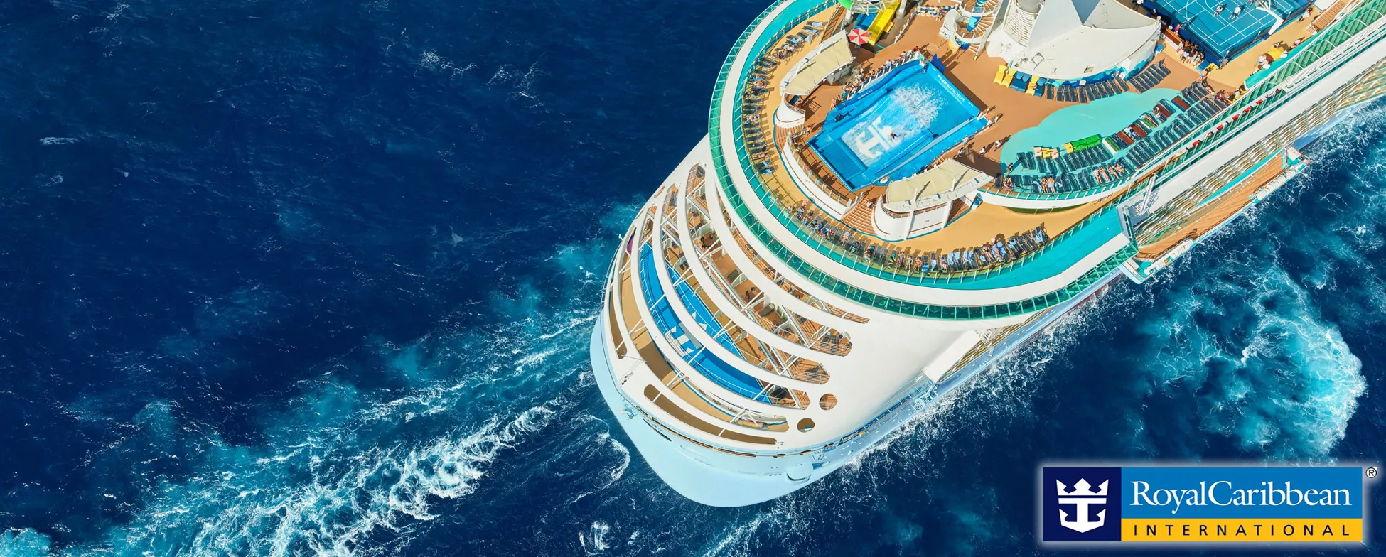 Aerial view of Royal Caribbean cruise ship sailing on blue ocean