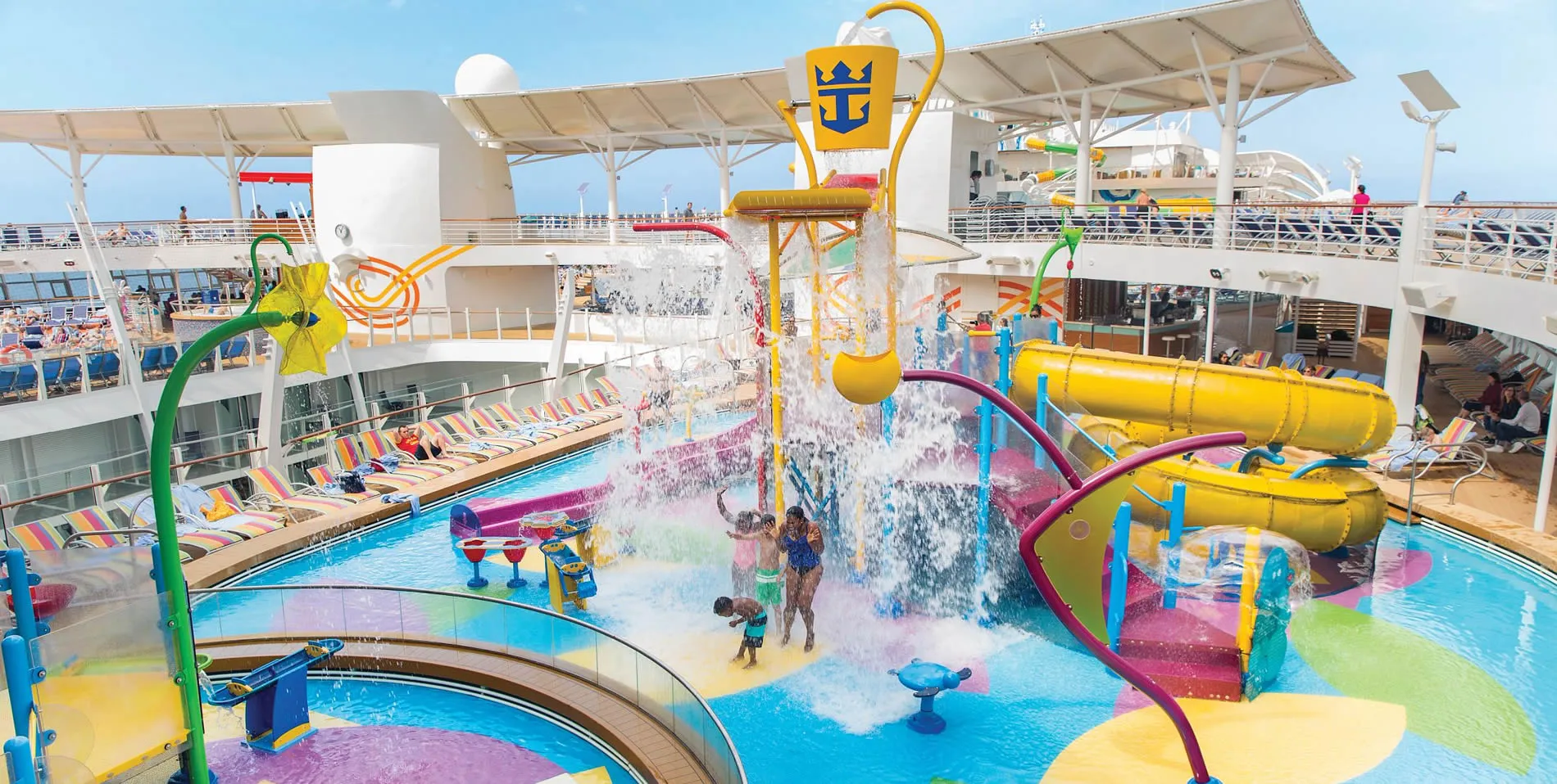 Colorful water park on a cruise ship with slides and splashing water