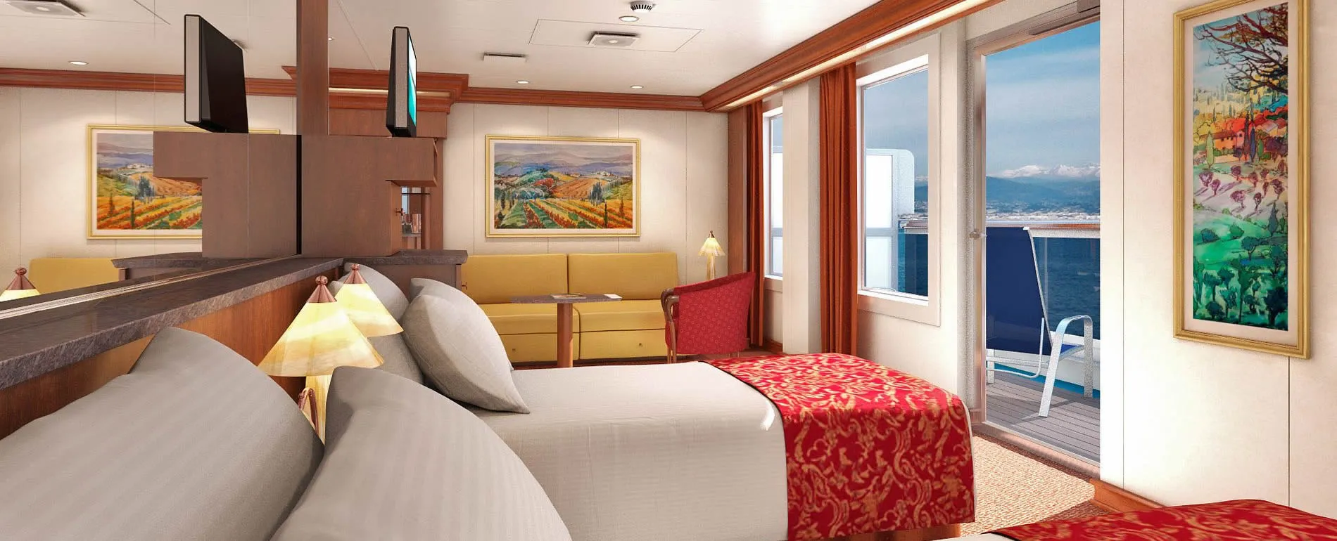 Luxurious cruise ship cabin with ocean view, bed, and landscape paintings